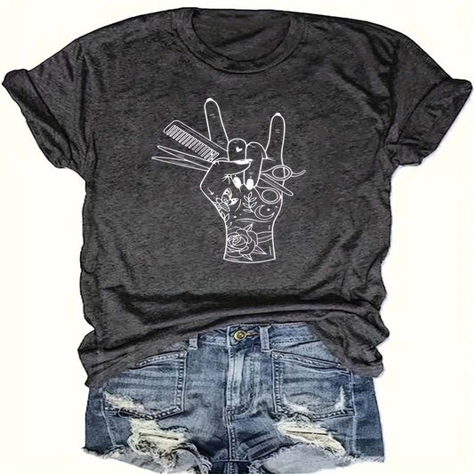 Print Crew Neck T-shirt, Casual Short Sleeve Top CJ