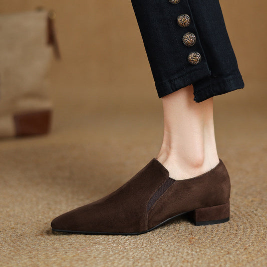Suede-textured Deep-toe Pointed-toe Chunky-heel Shoes
