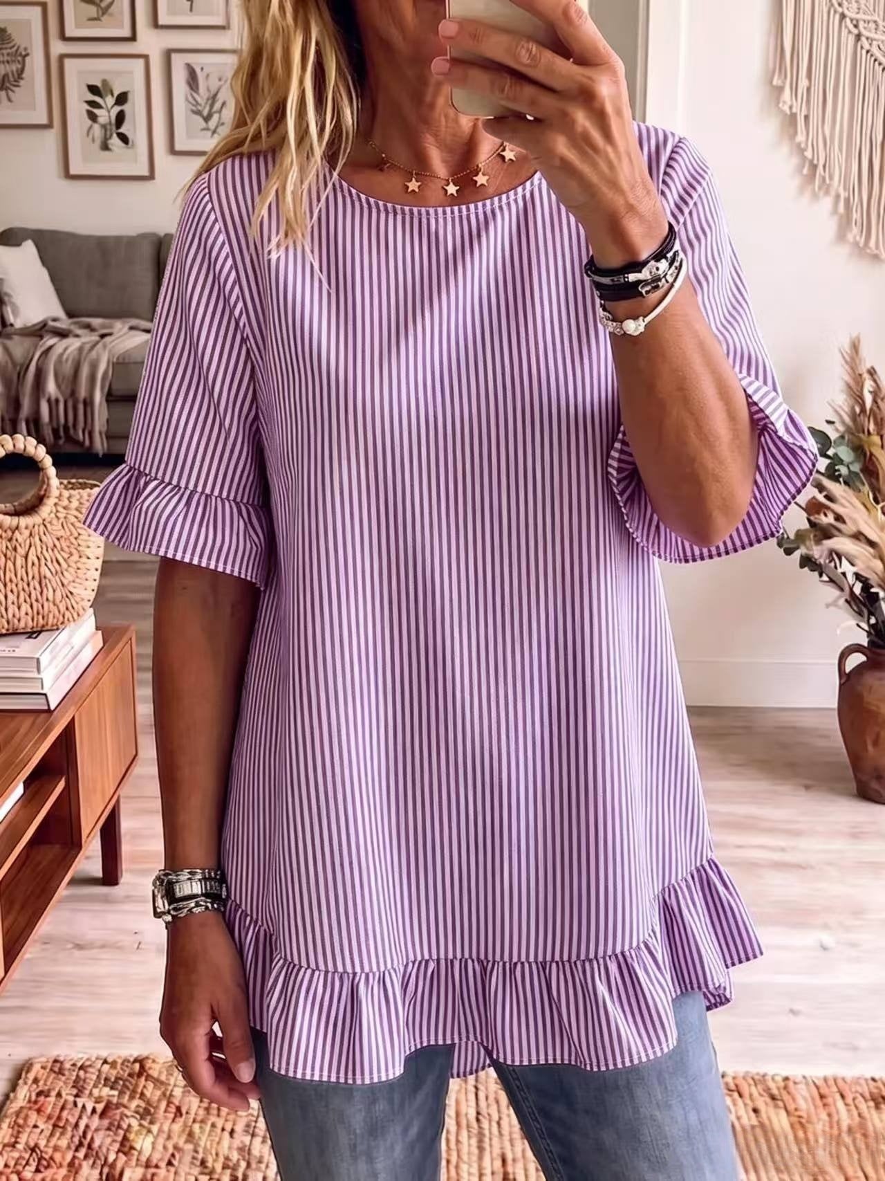 Womens Striped Loose-fit Casual Ruffled-edge Blouse