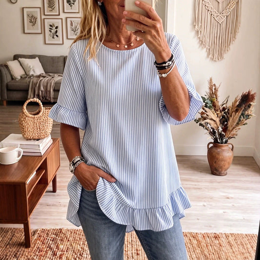 Womens Striped Loose-fit Casual Ruffled-edge Blouse