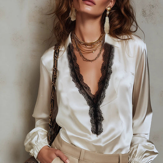 V-neck shirt women's contrasting black lace patchwork lantern long sleeved top
