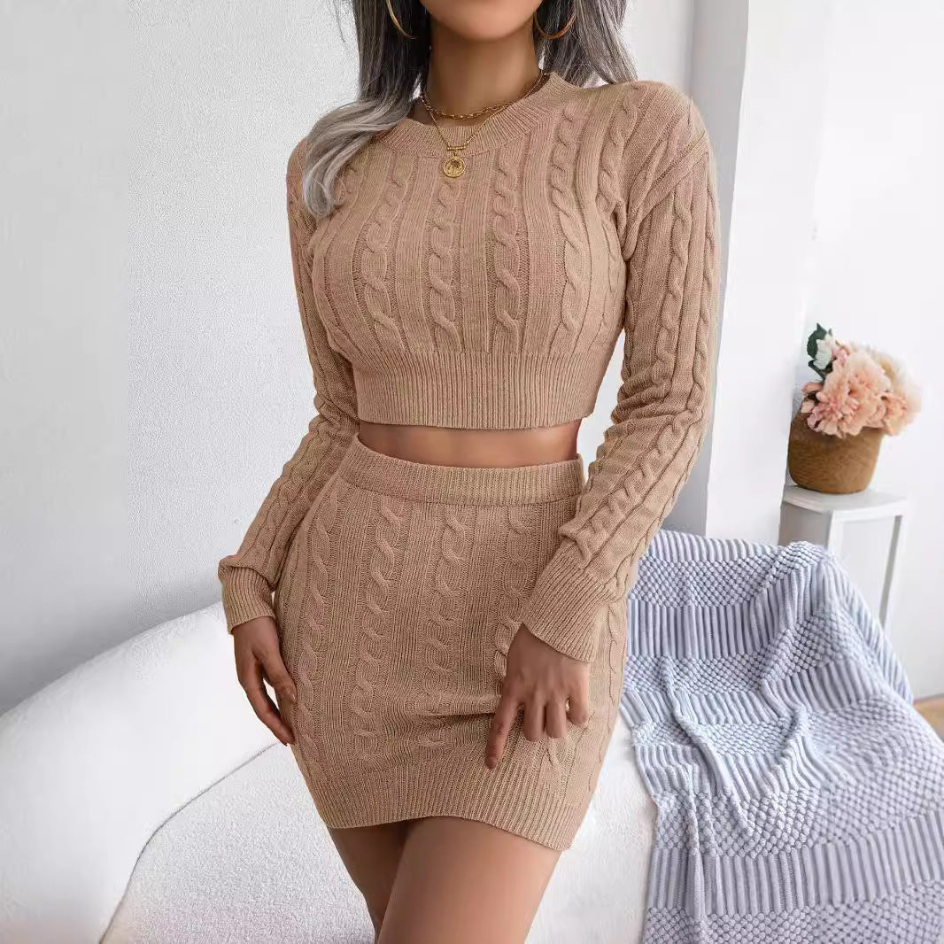 Casual Twisted Knit Crop Sweater And Bodycon Skirt Set CJ US