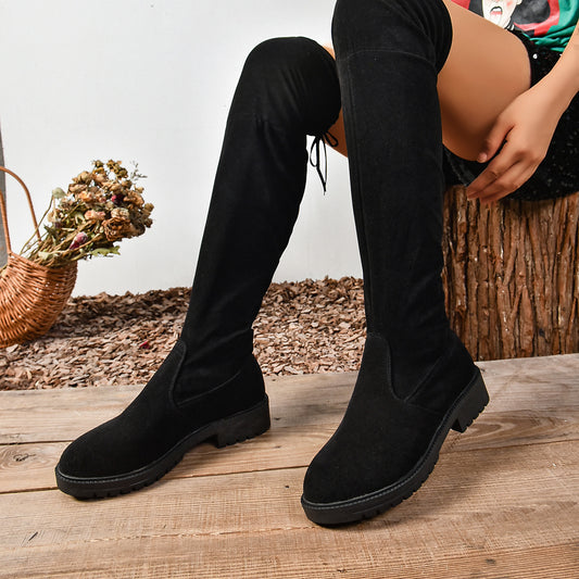 Women’s Elastic Knee-High Boots – Thick Sole Solid Color Fashion Boots - FitiqueFit