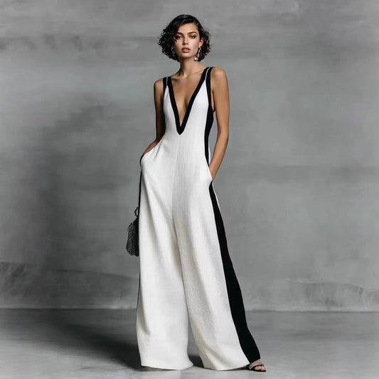 Fashion Color-block Sleeveless V-neck Wide-leg Jumpsuit for Women