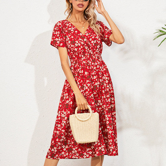 Women's V-Neck Floral Print Dress - A-Line Waisted Summer Maxi Dress CJ US