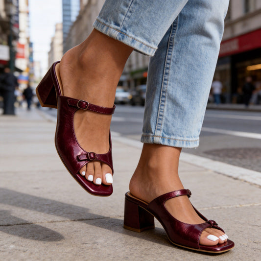 Versatile One Word Dragging Square Head Bare Toes Thick Heels Slippers for Women