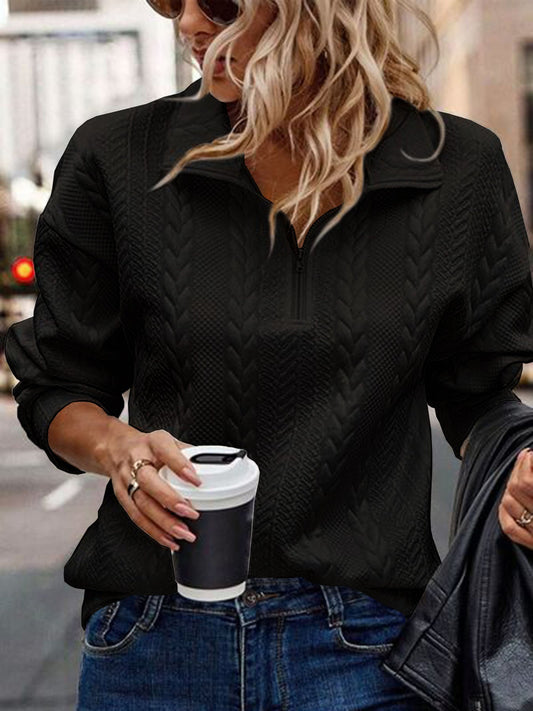 Casual Versatile Pullover Long-sleeve Knit Top For Women With A Half-zip And Turn-down Collar Sweatshirt CJ US
