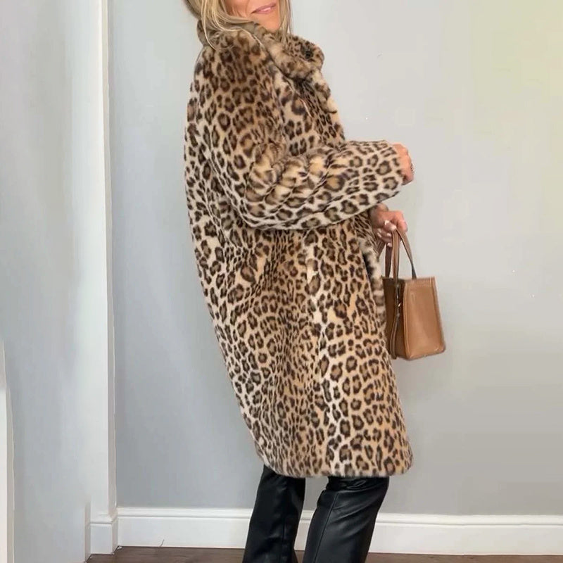 Women's Leopard Print Plush Jacket, Cozy Loose-Fit Warm Coat Elegant Medium-Length Fall Winter Outwear CJ US