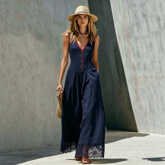 Womens Solid-Colored Jumpsuit With Spliced Lace And Pockets Long Pants