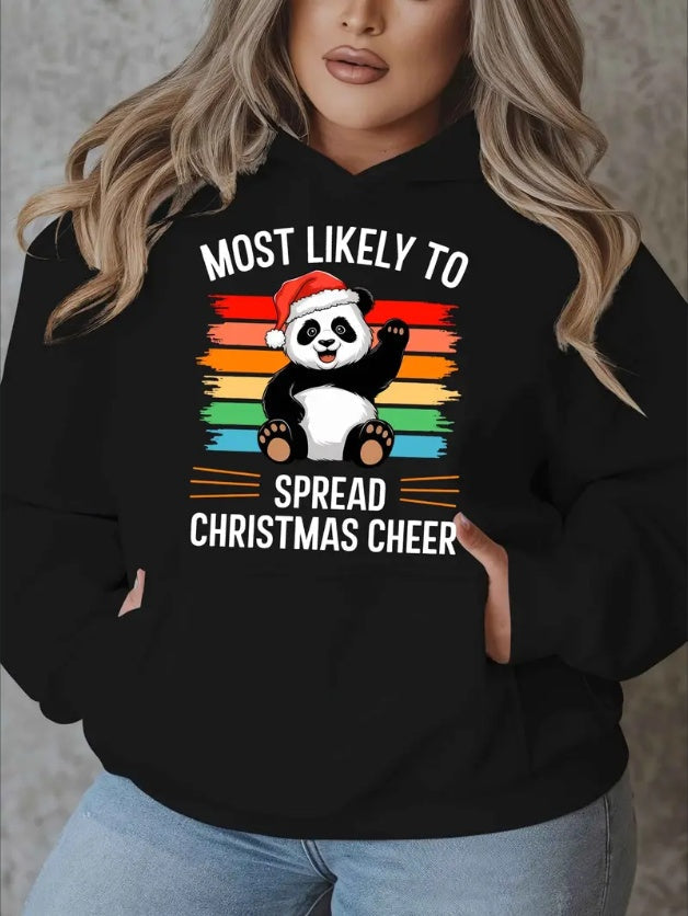 Plus Size Christmas Cheer Panda Print Hoodie, Casual Pullover With Hood,Long Sleeve, With Pockets For Women, Fall Winter CJ US