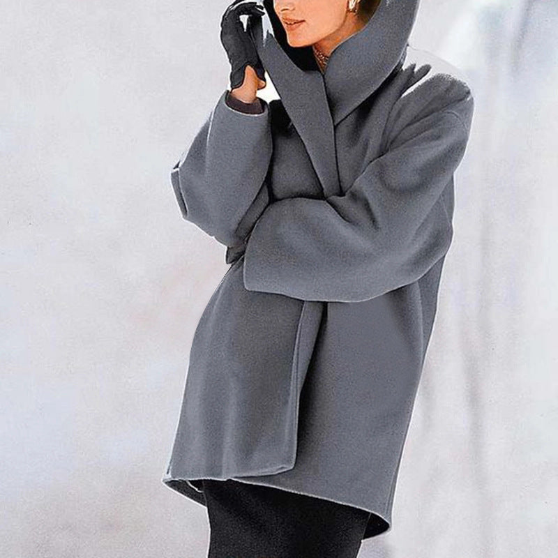 Plus Size Women's Solid Color Round Neck Button Coat - Oversized Hooded Wool-Like Long Coat For Fall&Winter CJ US