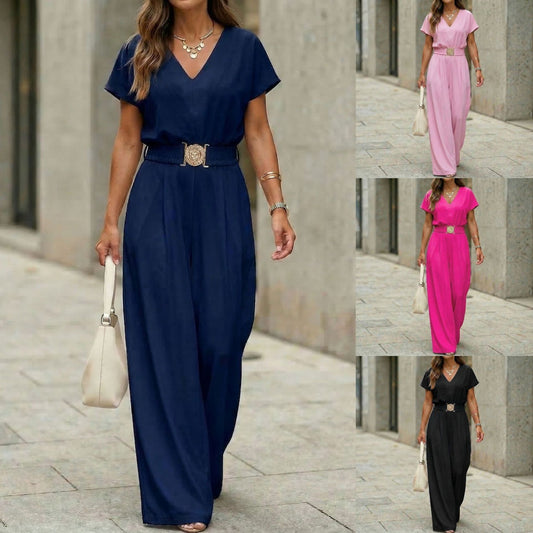 Womens V-neck Solid-color Short-sleeve Long-pants Belted Jumpsuit