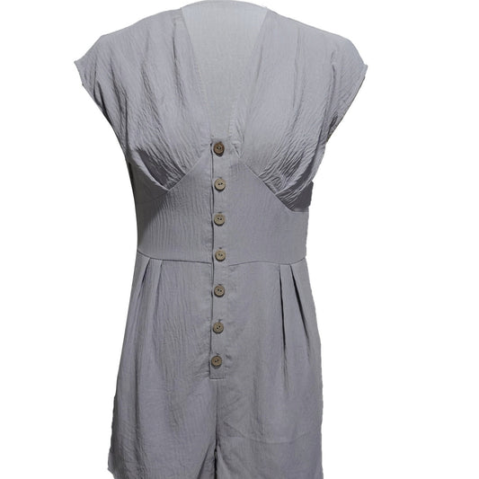Women’s Short Button Front Jumpsuit – V-Neck Patchwork Romper CJ US
