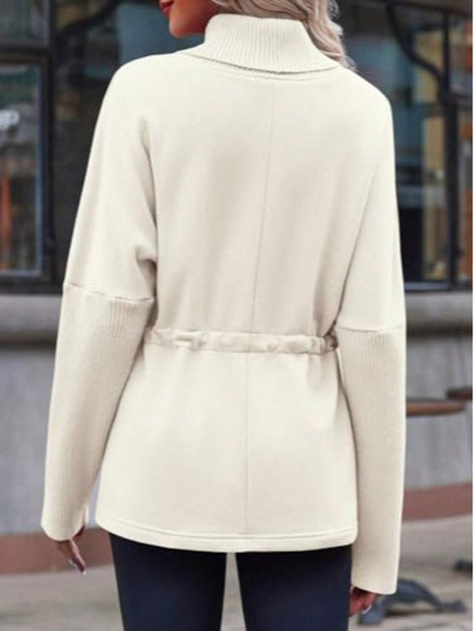 Fisoew Women's Turtleneck Sweatshirts Fleece Drawstring Waist Casual Long Sleeve Pullover Sweater Side Slit Tunic Tops CJ US