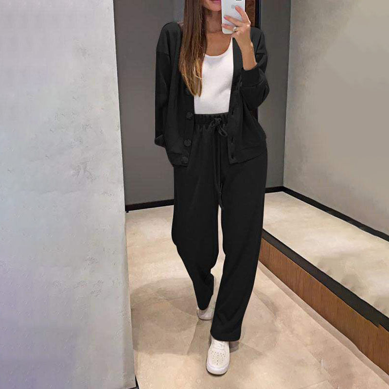 Women's Casual Knit Cardigan With Pocket & Drawstring Lounge Pants Solid Color Button Front Coat Fall Winter Loose Fit 2-Piece Outfit CJ US