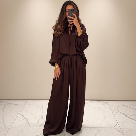 Solid color V-neck lace up loose pants set for women