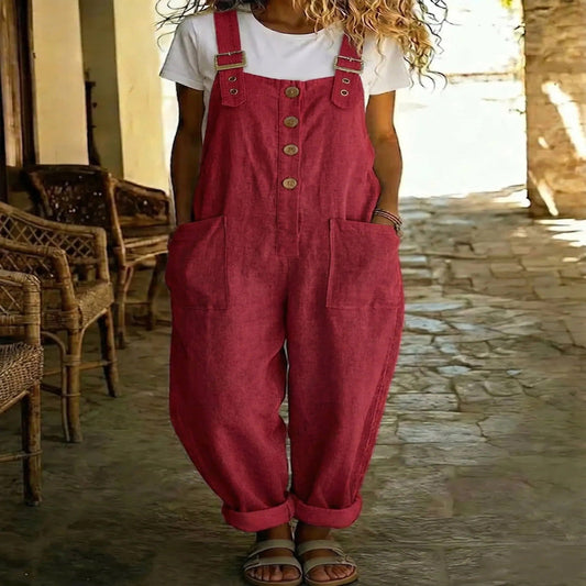 Solid-color Vintage Straight-leg Overalls For Women