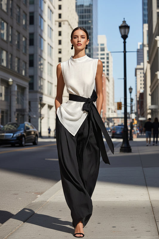 Womens Lace-Up Sleeveless Top And Wide-Leg Pants Two-Piece Set