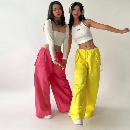 Solid-color Lace-up Loose-fitting Straight-leg Work Pants