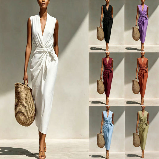 Solid-color Sleeveless Cotton-linen Feel Midi Dress