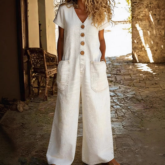 Womens Retro Summer Cotton-Linen Button-Pocket Comfortable Short-Sleeve Casual