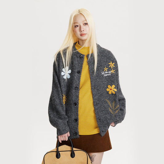 Retro Preppy Style Floral Embroidery Cardigan Sweater