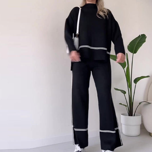 Women’s Solid Color Casual Two-Piece Set – Loose Top & Bootcut Pants Suit - FitiqueFit