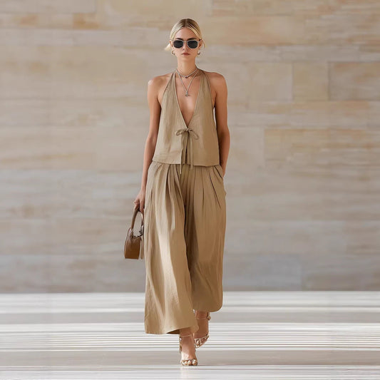 Fashionable Casual Sleeveless Vest And Loose Wide-Leg Pants Womens Set