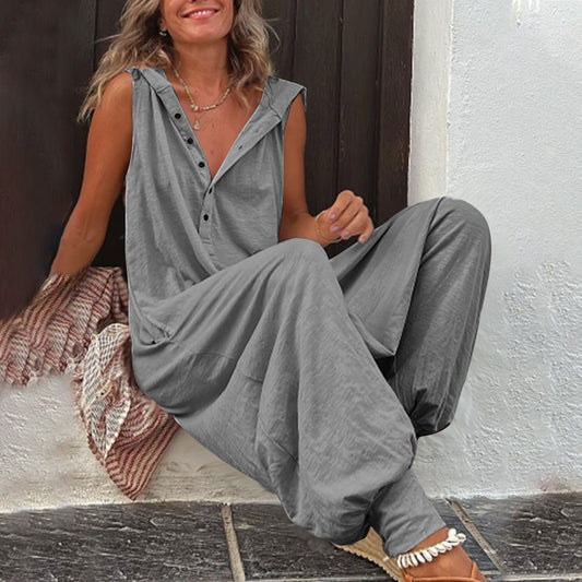 Buttoned Hooded Sleeveless Pants For Women