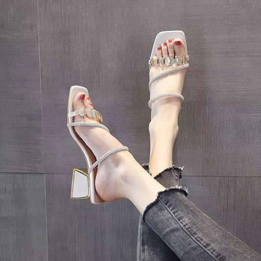 Women's Korean Style Slide Sandals Summer Outdoor Wear Chunky Heel Fashion Rhinestone Sandals 2026 New Trendy Mid Heel Single Strap Women's Shoes