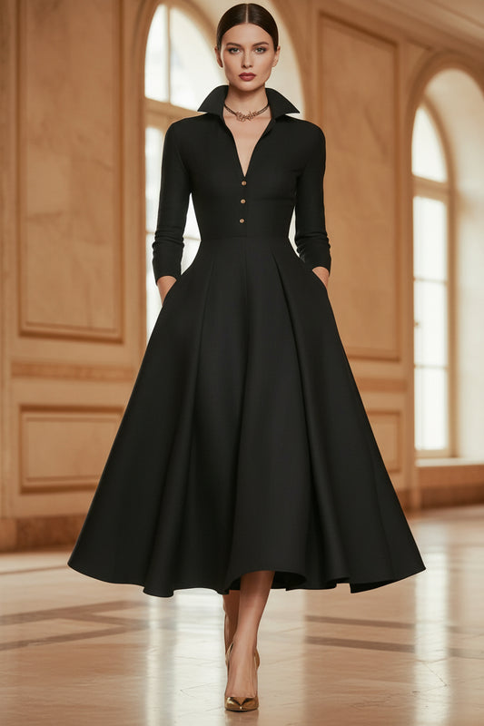 V-neck waist cinched long sleeved dress