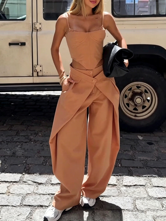 Women's Camel 2-Piece Set - Spaghetti Strap Corset Top & Wrap Waist Wide Leg Pants