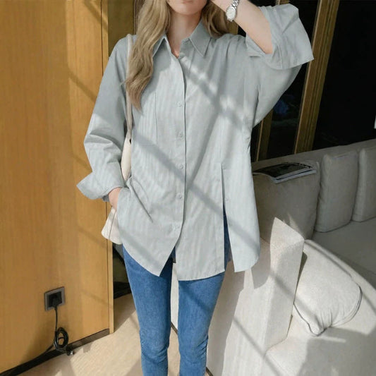 New women's solid color long sleeved shirt with button side slit
