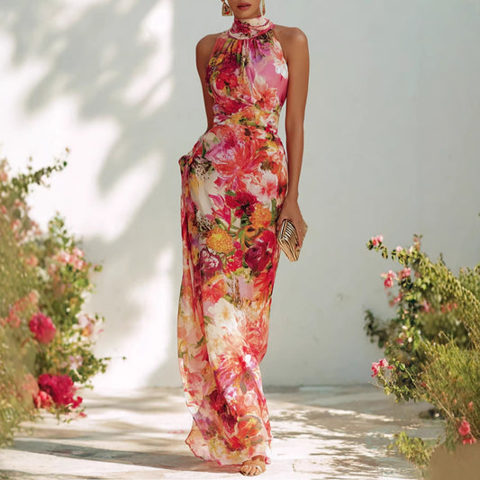 Elegant Floral Strapless Sleeveless Fitted Chiffon Dress