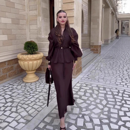 Chic V-Neck Fitted Long Sleeve Cardigan Top with High-Waisted Skirt Set for Women