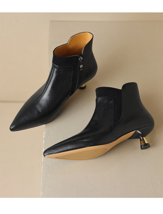 Genuine Leather Pointed-toe Kitten Heel Ankle Boots With A Sleek Mid-heel Design