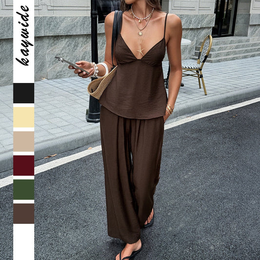 SpringSummer Resort-Style Camisole T-shirt And Pants Womens Outfit Set