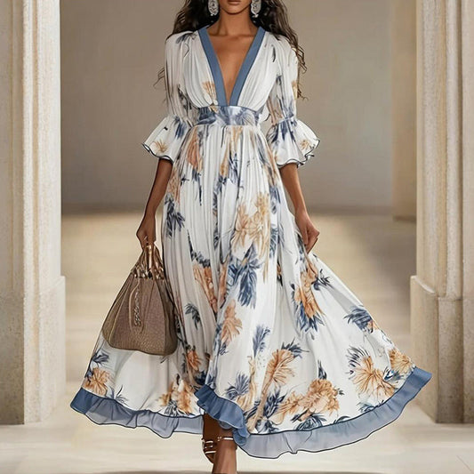 Women's Floral Print Maxi Dress With Deep V-Neck & Flare Sleeves, Elegant Flowy Wedding Guest Party Evening Dress CJ US