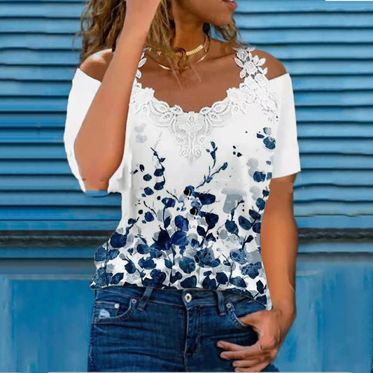 🦋 Vibrant Butterfly Lace Off-Shoulder V-Neck Tee