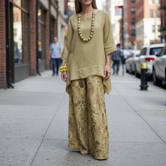 Womens Casual Cotton-Linen Irregular Top And Wide-Leg Pants Set