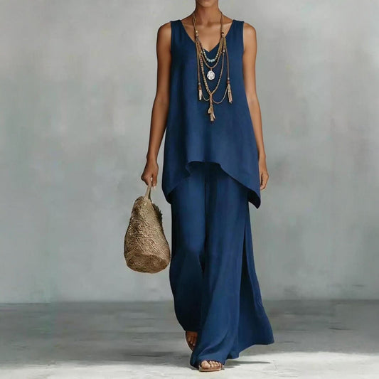 New Casual Bohemian-style Wide-leg Pants And V-neck Vest Set
