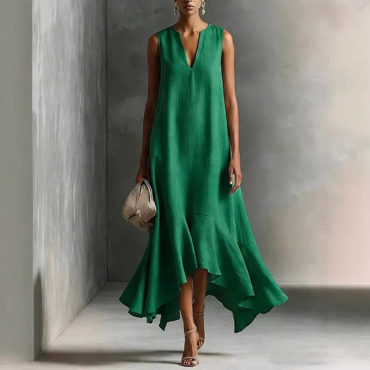 New Stylish Deep V-Neck Sleeveless Elegant Asymmetrical Hemline Dress