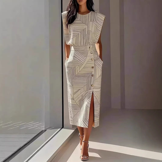 Fashion ampPrinted Sleeveless Top with Slit Long Dress Set
