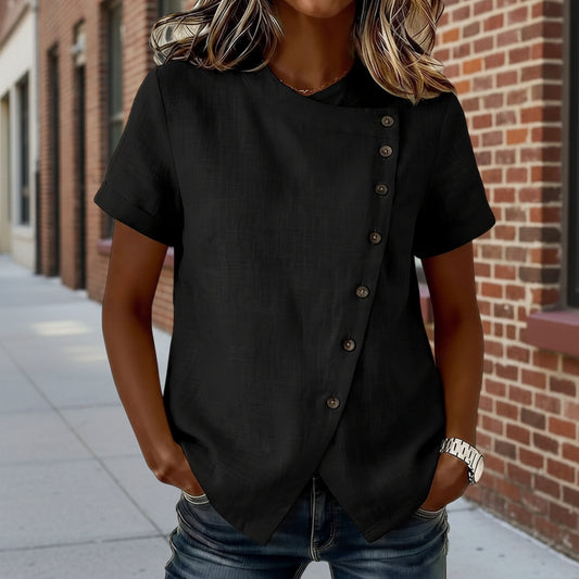 New Solid-Color Cross-Neckline Short-Sleeve Loose Cotton-Linen Asymmetrical Top