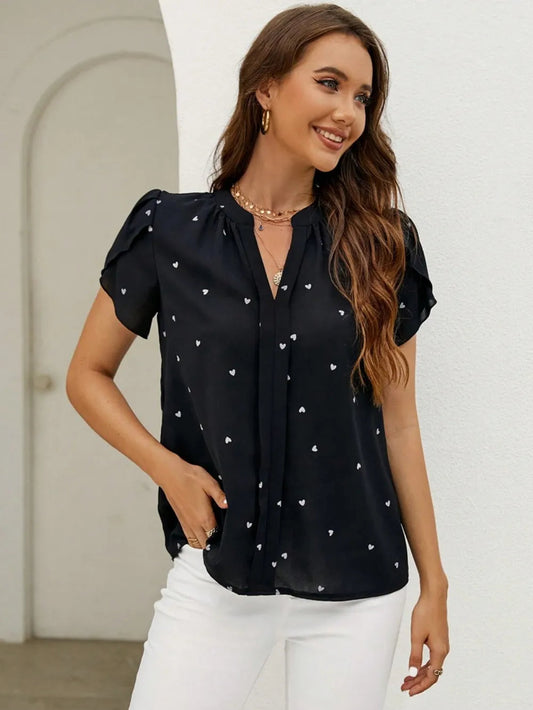 V-neck heart-shaped petal sleeve shirt with elegant women's top