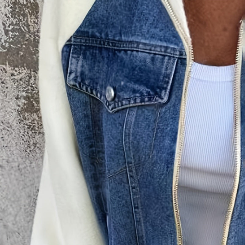 Women's Denim Patchwork Zip-Up Jacket Stand Collar Casual Coat With Button-Decorated Flap Pockets Fall Winter Fashion Outerwear CJ US