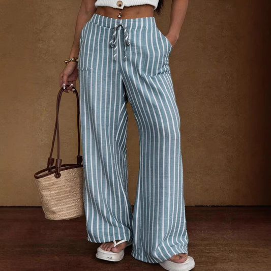 Striped Loose Commuter Casual Lace-up Elastic-waist Wide-leg Trousers