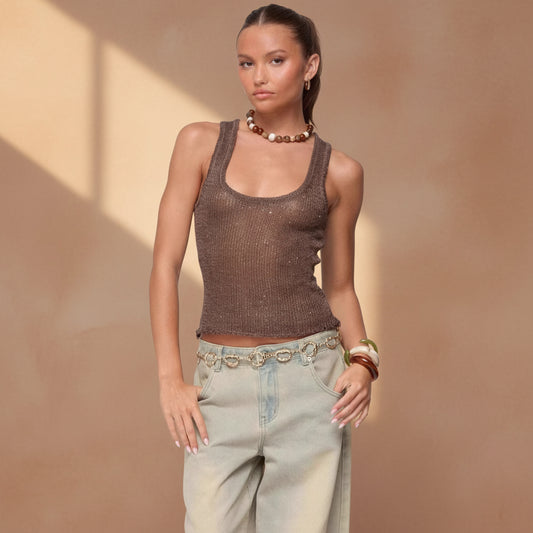 Shiny Deep V Solid Color Tank Top Fashionable Sexy Sheer Top