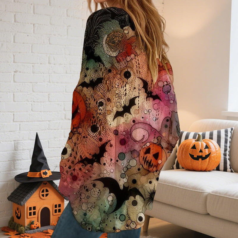 Women's Diamond Hollow Out Batwing Sleeve Top - Loose Fit Pumpkin Halloween Print Blouse For Spring Summer CJ US