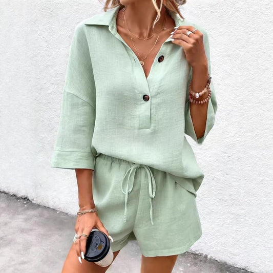 Notch-lapel Short-sleeve Belted Shorts Casual Set
